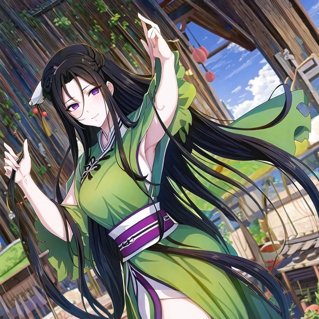 ( Best Quality, ancient china, A girl, long green chinese dress), long hair tied in two tomatoes, black hair, purple eyes, with a white ribbon on her head
