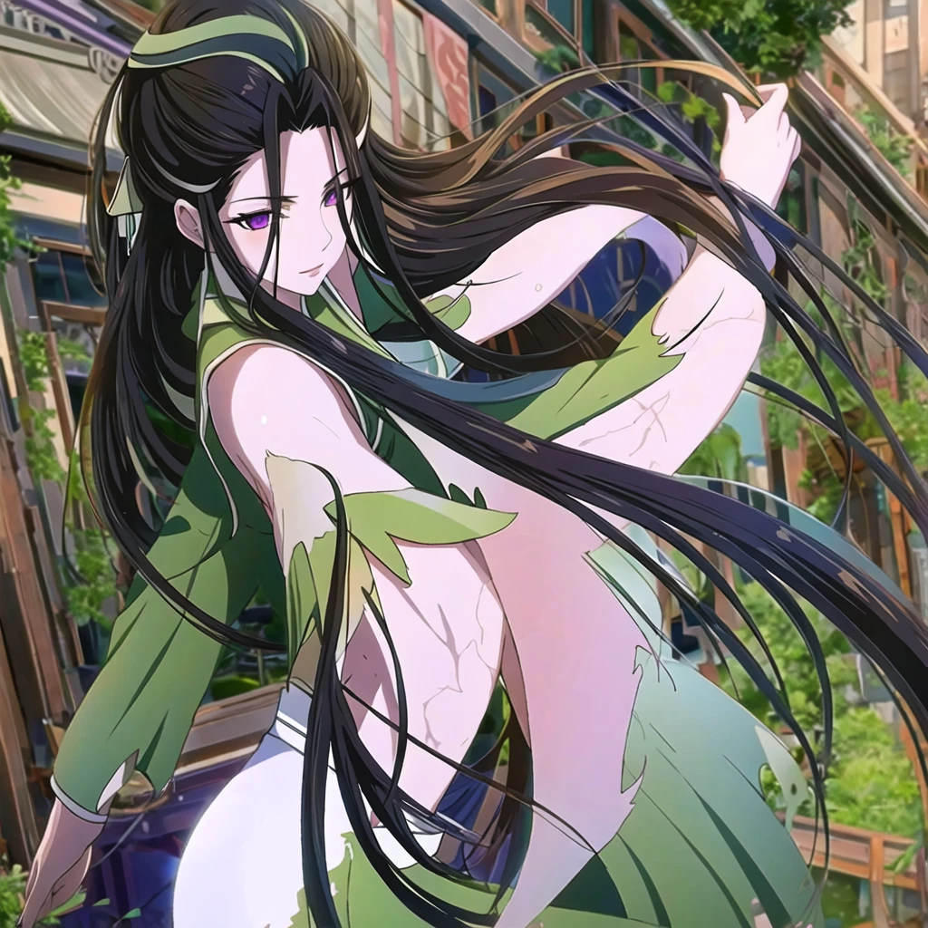 ( Best Quality, ancient china, A girl, long green chinese dress), long hair tied in two tomatoes, black hair, purple eyes, with a white ribbon on her head
