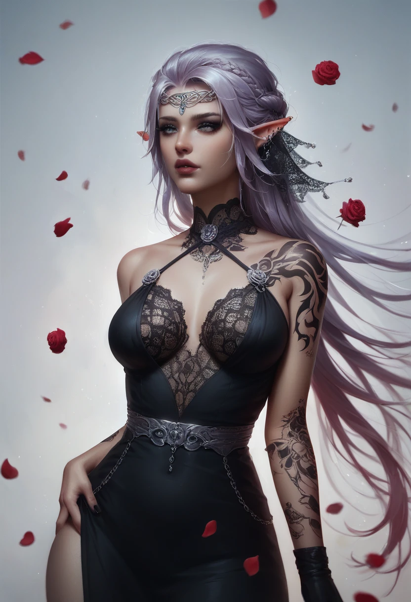 Arafed, Dark fantasy art, fantasy art, goth art, a picture of a tattoo on the back of a female elf, a glowing tattoo of a ((white rose: 1.3)) on the elf's back, the ((rose tattoo)) is vivid, intricate detailed coming to life from the ink to real life, GlowingRunesAI_purple, ((fire surrounds the rose petals: 1.5)), shoot taken from the back, ((the back is visible: 1.3), she wears a transparent black dress, the dress is elegant, flowing, elven style, that the tattoos glow, dynamic hair color, dynamic hair style, faize,, Digital Painting