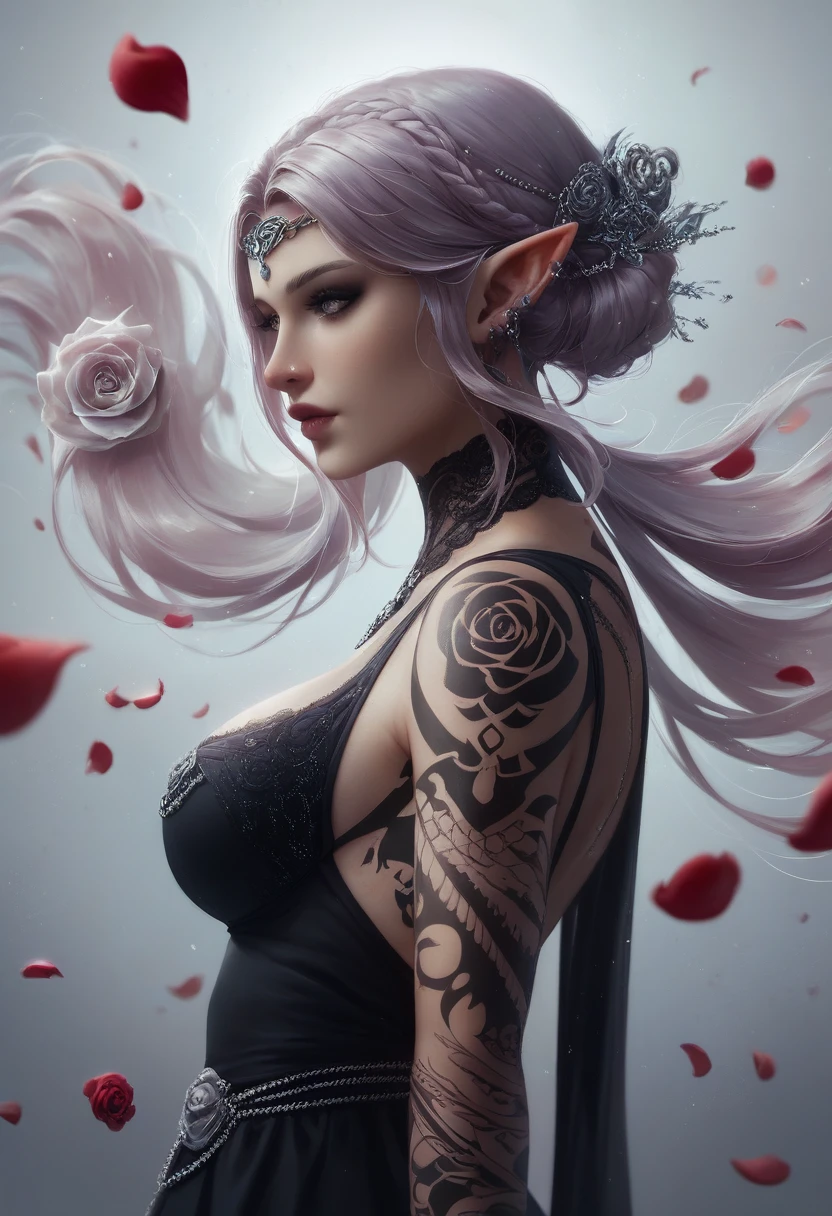Arafed, Dark fantasy art, fantasy art, goth art, a picture of a tattoo on the back of a female elf, a glowing tattoo of a ((white rose: 1.3)) on the elf's back, the ((rose tattoo)) is vivid, intricate detailed coming to life from the ink to real life, GlowingRunesAI_purple, ((fire surrounds the rose petals: 1.5)), shoot taken from the back, ((the back is visible: 1.3), she wears a transparent black dress, the dress is elegant, flowing, elven style, that the tattoos glow, dynamic hair color, dynamic hair style, faize,, Digital Painting