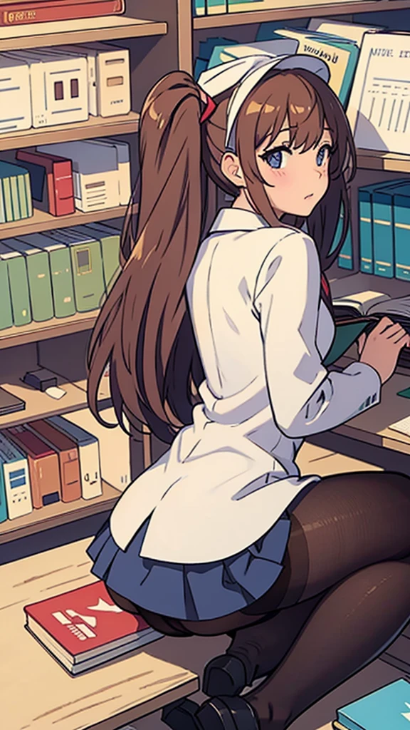 Pantyhose,high school girl,Angle from below,Crouching,library