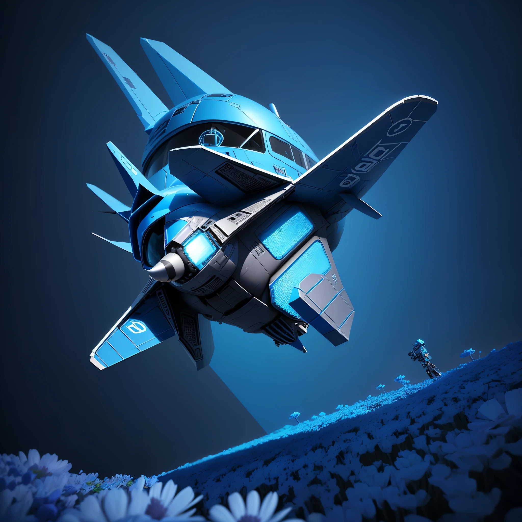 there is a small airplane flying over a blue robot, blue flying hearts, blue flowers, 3 d illutration, 3 d illustration, 3d illustration, inspired by Chris LaBrooy, intricate 3 d illustration, 3 d epic illustrations, behance 3d, sergey zabelin, 3d matte illustration, 3d minimalistic art, trend on behance 3d art