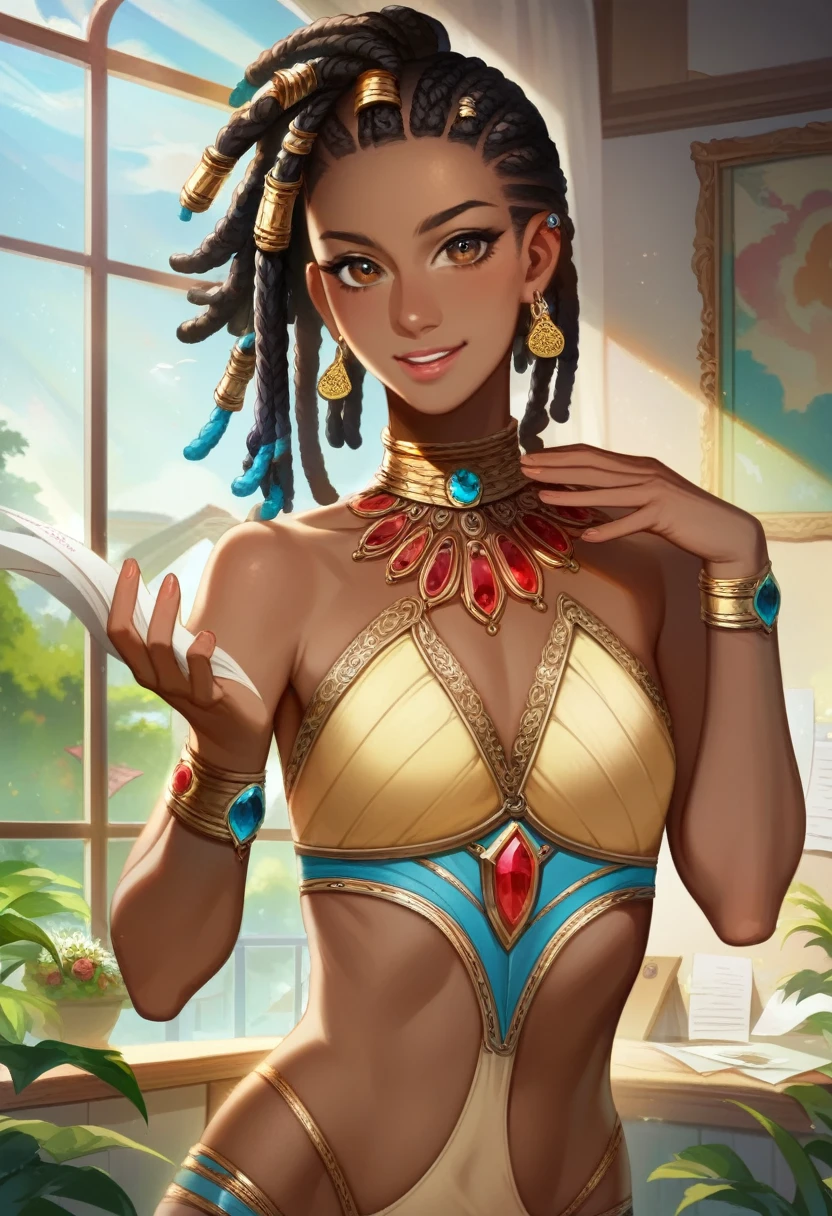 Illustration, UHD, retina, masterpiece, accurate, anatomically correct, super detail, high details, high quality, award winning, best quality, highres, good anatomy, 1080P, HD, 4K, 8k, 16k, 1girl, has dark skin, brown skin, ebony skin, dynamic pose, androgynous, upper body potrait, detailed eyes, detailed clothes, detailed hair, rendering, 2 hands, 5 fingers, 2 legs, short black hair, has dreadlocks, asymmetrical locks, short lock, wearing a intricate caribbean design outfit, paper earring, brown eyes, gradient eye yellow, side breast window, medium breast, collar bone showing, wearing a jewel around neck, wearing aquatic hair accessory, smiling