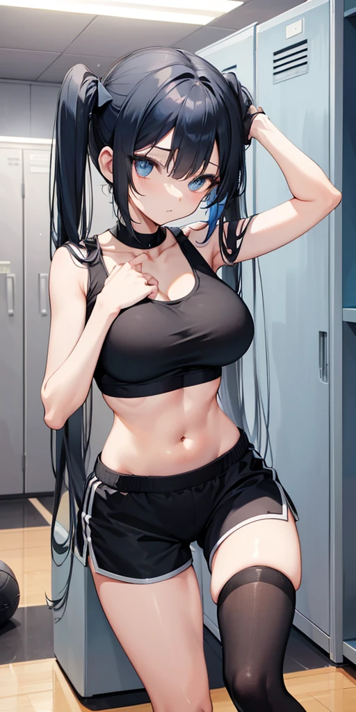 female, skinny, narrow waist, huge breasts, long legs, flat stomach, black twin tails, blue eyes, halterneck tank top, midriff, gym shorts, knee socks, locker room