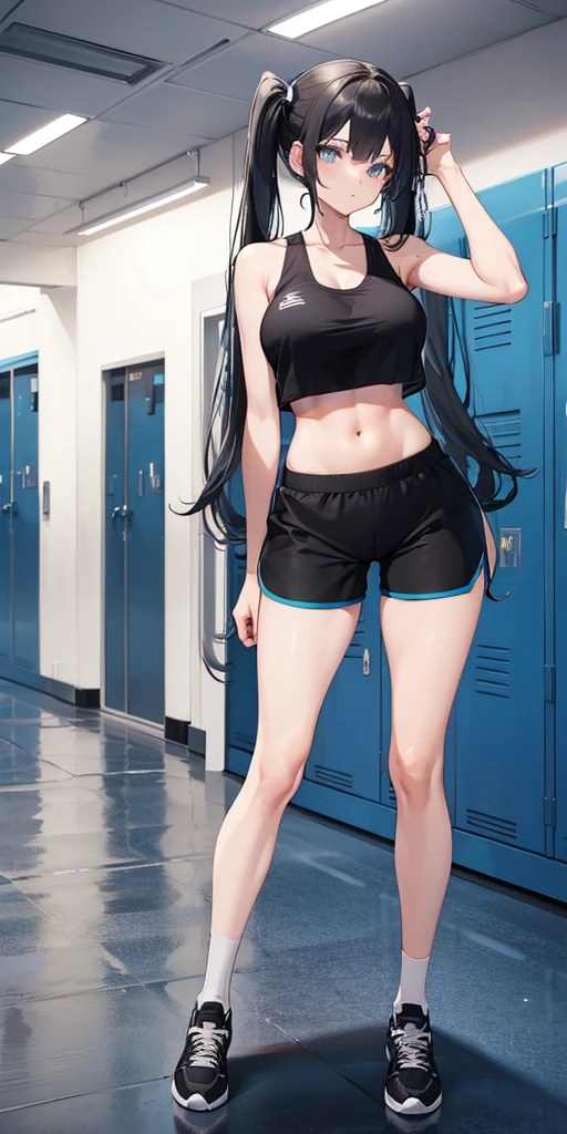female, skinny, narrow waist, huge breasts, long legs, flat stomach, black twin tails, blue eyes, halterneck tank top, midriff, gym shorts, knee socks, locker room