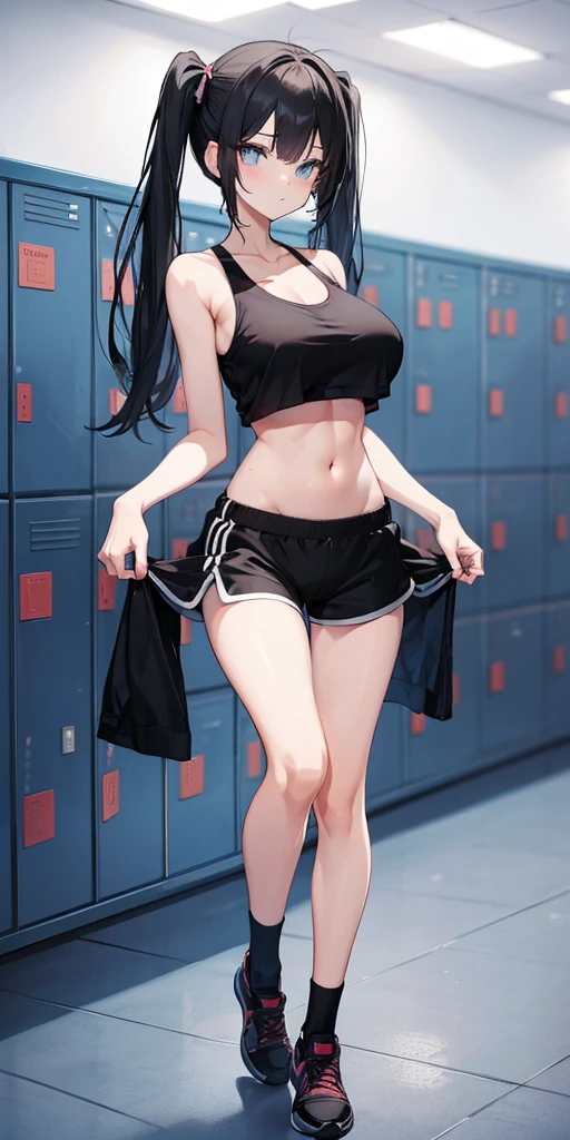 female, skinny, narrow waist, huge breasts, long legs, flat stomach, black twin tails, blue eyes, halterneck tank top, midriff, gym shorts, knee socks, locker room