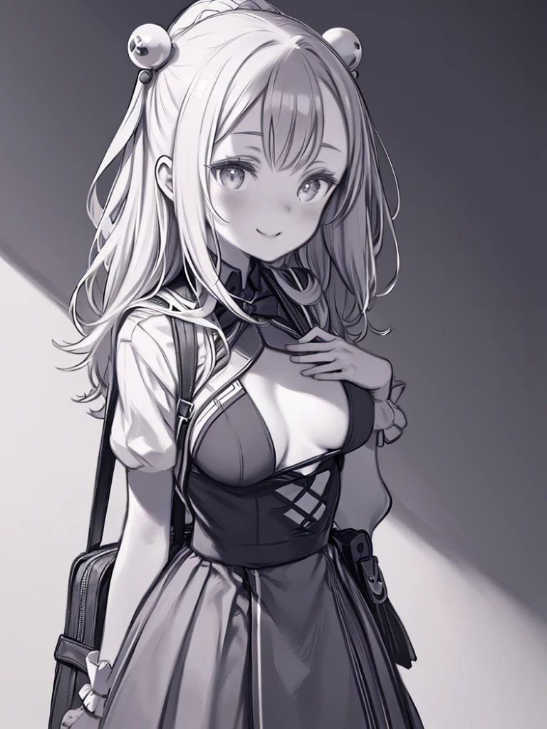 masterpiece, Highest quality, One girl, (((breast focus))), ((Cute eyes)), gloves, hair ornaments, , View your viewers, alone, chest, From the side, , Put your hands behind your back, school bag, Wicked Smile, (((Monochrome))), Blue Line, chest, Line art,