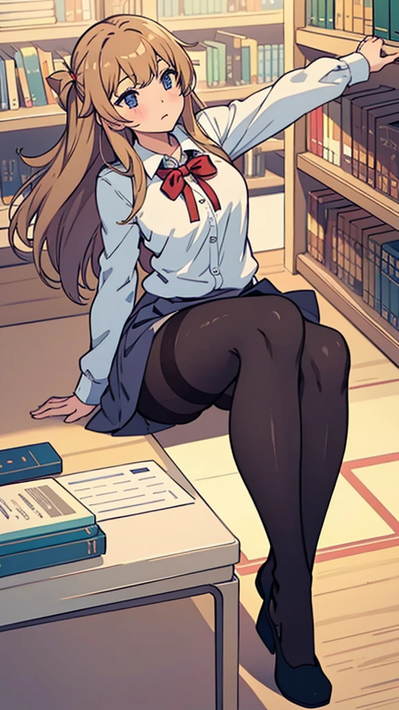 Pantyhose,high school girl,Angle from below,Crouching,library