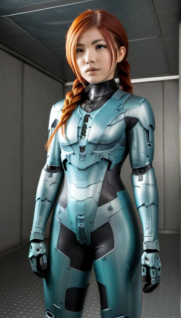 1 Girl、Medium Bust、solo、red Hair、Braid、Mobile Race Suit、Shoulder Armor、ceiling、Wide Shot、Looking Ahead、zipup suit 、Closed Mouth、Highest quality、medium quality、22 years old、Mobile Trace System、cockpit、Asian、CyborgCosplay

