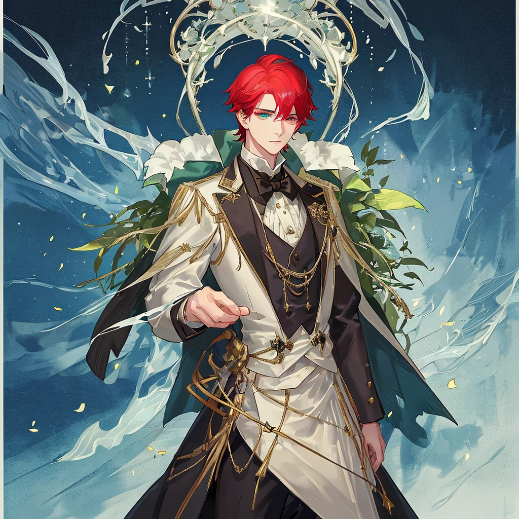 **detailed drawing** **4k ** **sharp**
The image shows a young man with deep red hair, elegant hairstyle. His eyes have heterochromia, with one gold and the other purple, which gives it a mystical and captivating appearance. his skin is dark, with a dark complexion that stands out under the light of the environment.
The young man is dressed in an old costume from the Victorian era, consisting of an elegant cut jacket, a vest and a shirt with a high collar. The details of the suit, like buttons and embroidery, They are intricate and reflect the fashion of the time.
The background of the illustration is an enchanted forest, full of tall and leafy trees. The forest atmosphere is magical, with small lights in the form of aqua green crystals floating around the young man. These lights add a touch of mystery and fantasy to the scene.
The forest is bathed in a dim light, possibly from the moon, that creates shadows and highlights the details of the environment. The combination of the young man's Victorian clothing and the magical atmosphere of the forest creates a scene that seems straight out of a fairy tale.