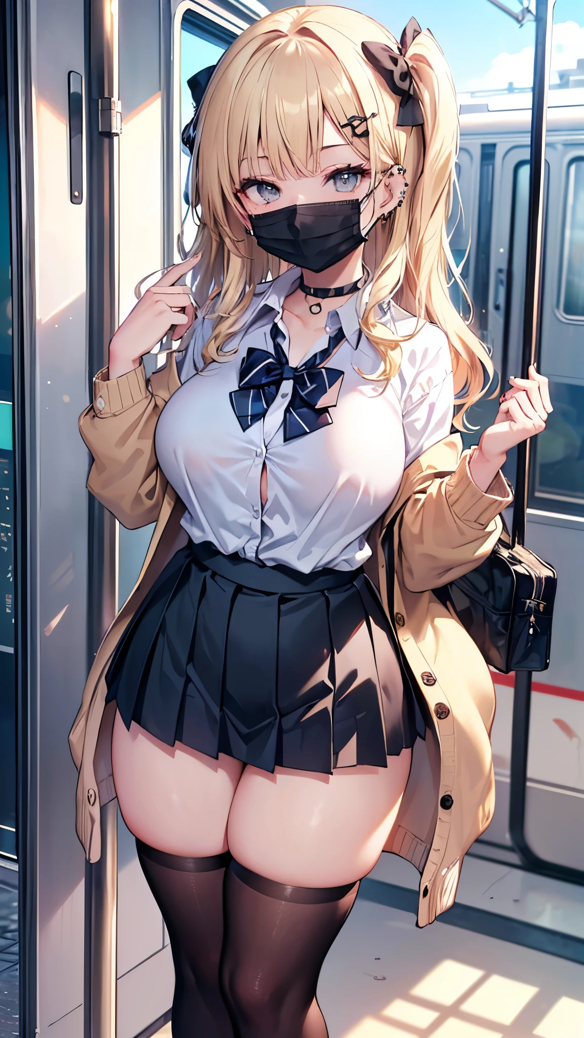 (masterpiece、Highest quality、Very detailed))、One girl、gyaru、Blonde、Long Hair、Wavy Hair、Grey Eyes、evil smile、((Black surgical mask))、((lots of piercing))、Large Breasts、((White collared shirt))、((A bow tie))、((cardigan))、((Black pleated skirt))、((micro miniskirt))、((Thick waist))、((Thick thighs))、Cowboy Shot、Background inside the train
