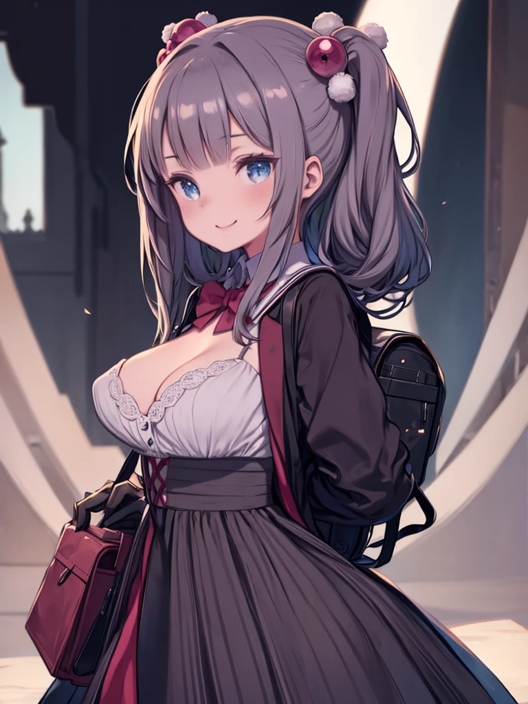 masterpiece, Highest quality, One girl, (((breast focus))), ((Cute eyes)), gloves, hair ornaments, , View your viewers, alone, chest, From the side, , Put your hands behind your back, school bag, Wicked Smile,, chest,