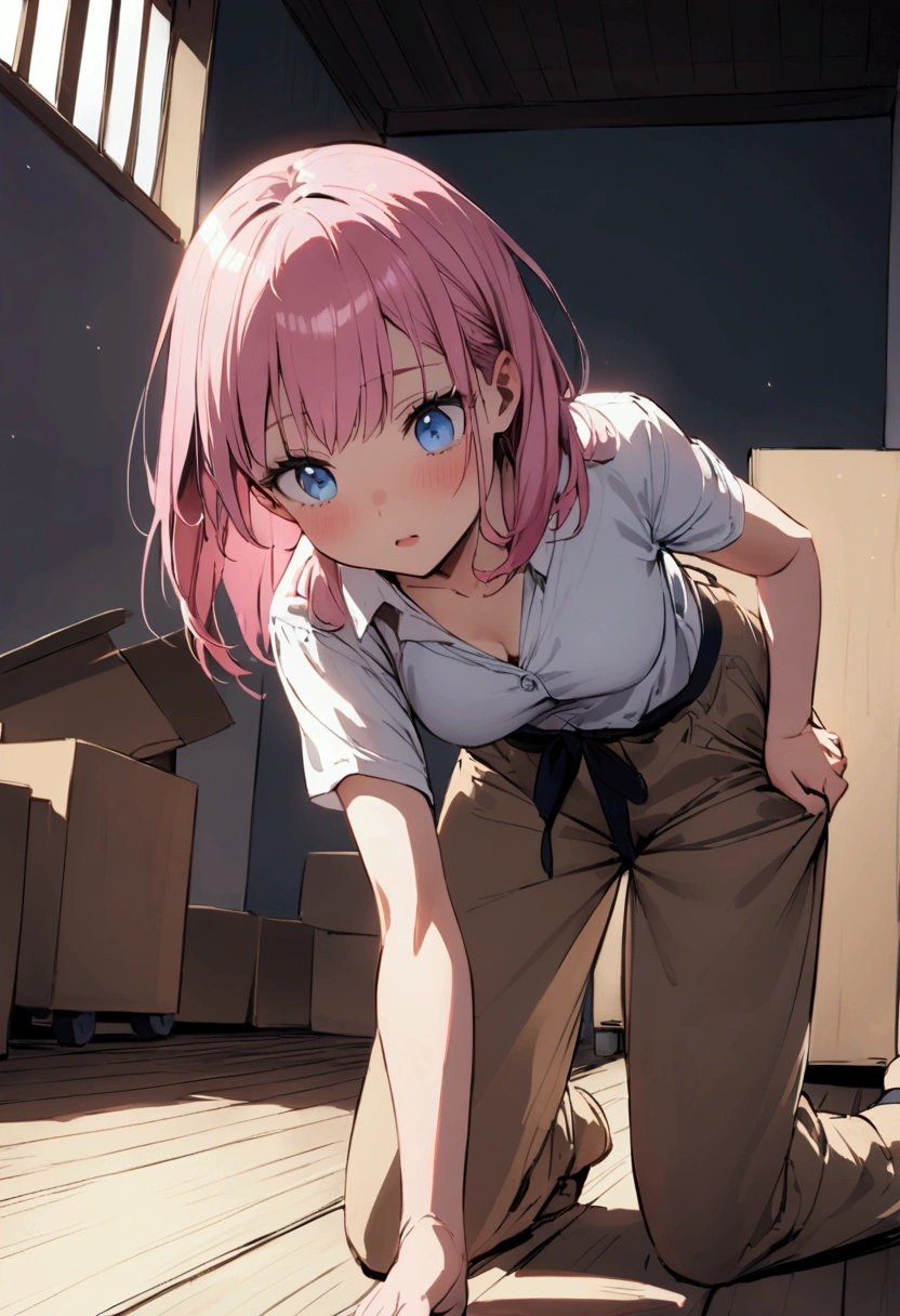 bend at the waist、Movers、Trying to lift a cardboard box off the floor、Pink haired woman、blue eyes