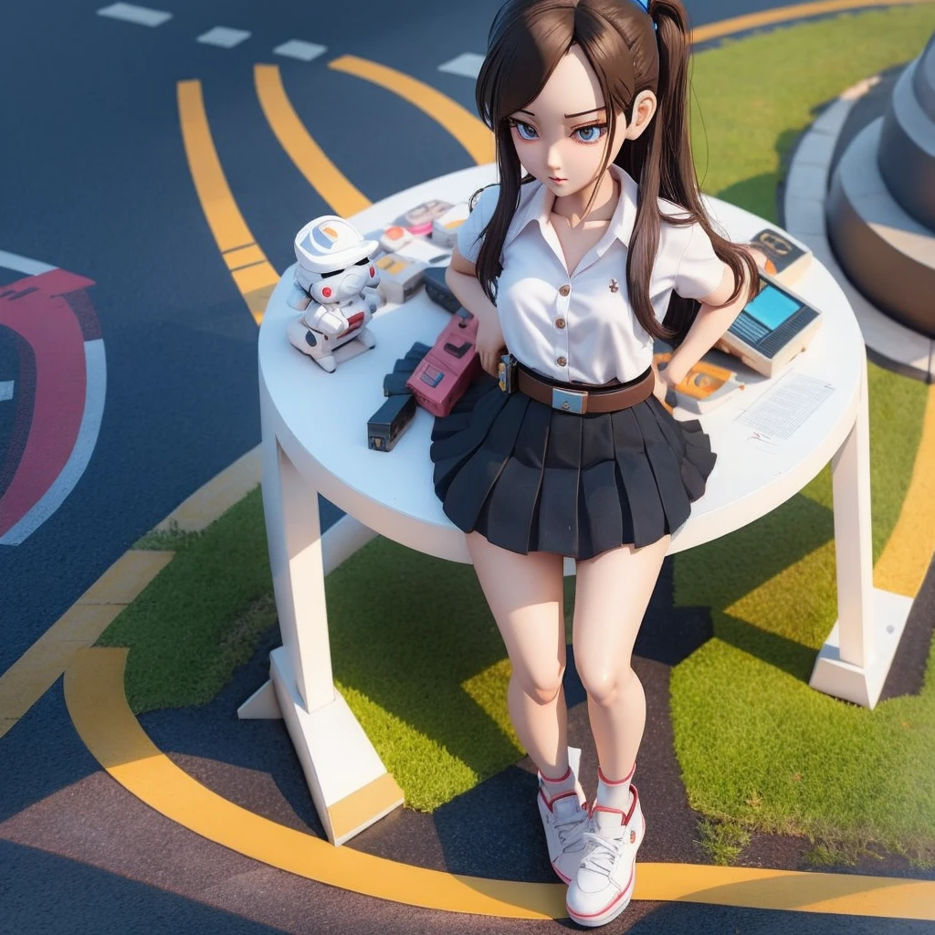 a close up of toy figure of a girl in thai university uniform on circle platform, anime styled 3d, stylized anime, badass anime 8 k, high detail iconic character, trigger anime art style, realistic anime 3d style, anime figurine, 3 d render official art, small character. unreal engine 5, standing, white shirt, black tight mini skirt, brown belt, white sneaker, black long straight hair, small toy figure on the table