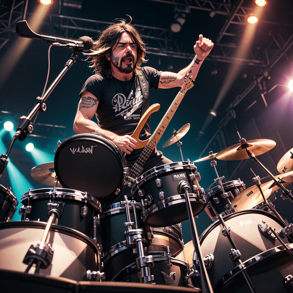 a metal drummer on stage, slightly based on Dave Grohl, shouting straight into the camera, HDR, 8K, ultra-sharp, field of depth, hyperrealism, in motion effect, glimmer splashing from the drums, weirdly tilted angle view, grunge