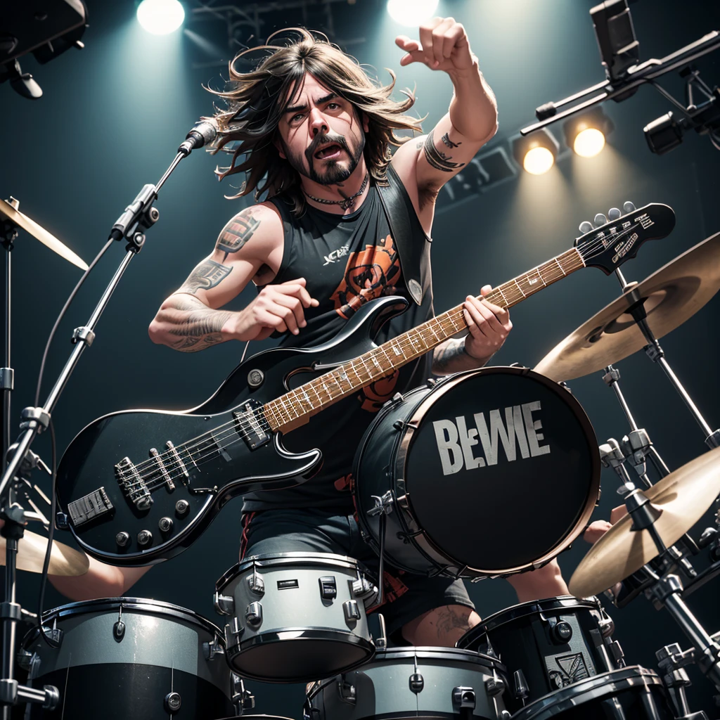 a metal drummer on stage, slightly based on Dave Grohl, shouting straight into the camera, HDR, 8K, ultra-sharp, field of depth, hyperrealism, in motion effect, glimmer splashing from the drums, weirdly tilted angle view, grunge
