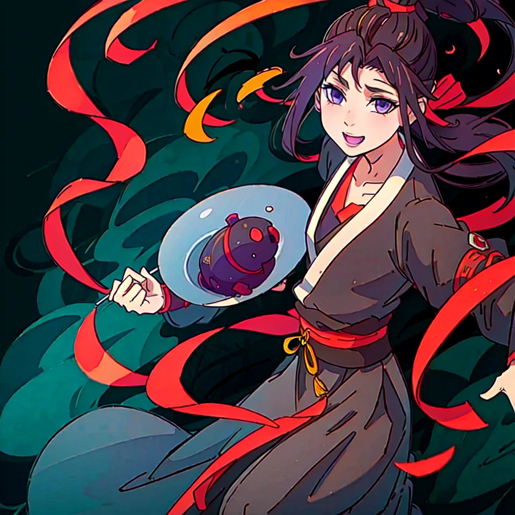 ( Best Quality, ancient china, A girl, long green chinese dress), long hair tied in two tomatoes, black hair, purple eyes, with a white ribbon on her head
