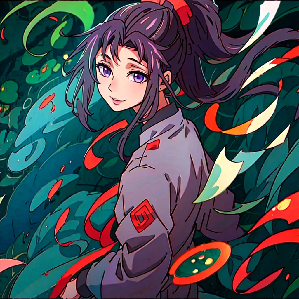 ( Best Quality, ancient china, A girl, long green chinese dress), long hair tied in two tomatoes, black hair, purple eyes, with a white ribbon on her head
