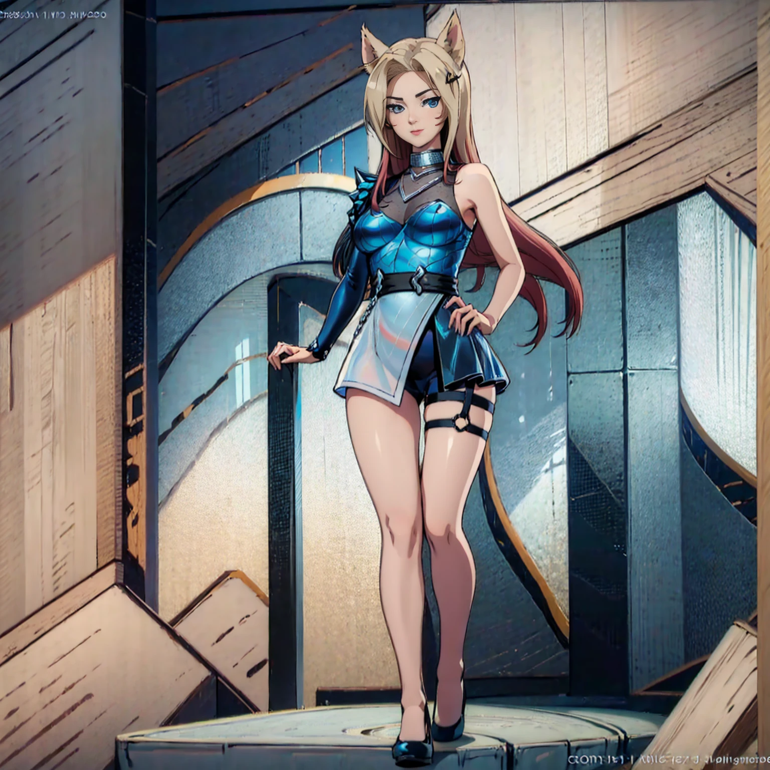 (((full body photo)))  (masterpiece, official art), 1girls, solo, shortstackBT, shortstack, thick, curvy, curvaceous, blue eyes, long hair, ahri, incrsAhri, fox ears, fox tail, multiple tails, (bare legs, high heels), (closeup), portrait, (huge breasts), standing, view from front, simple background, looking at viewer, (upper body), smile, seductive, alluring attire