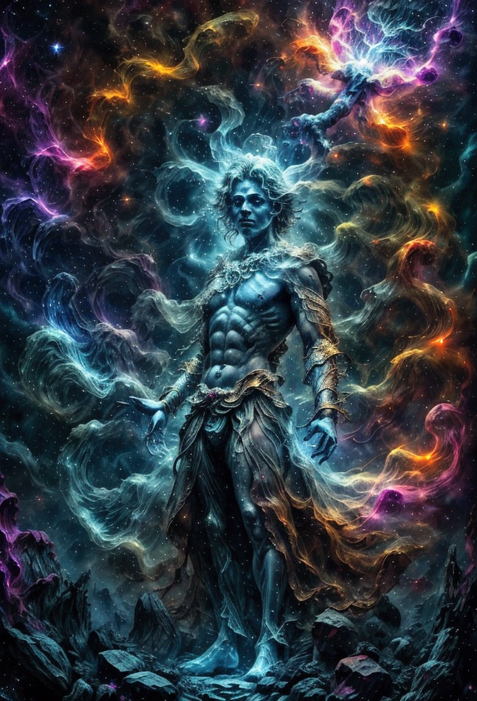 (best qualityer, ​masterpiece) Mystical man in the middle of the universe Astral body, deep meditation, Etheric atmosphere, Auric, mythological creatures in the background, star fog, bioluminescence