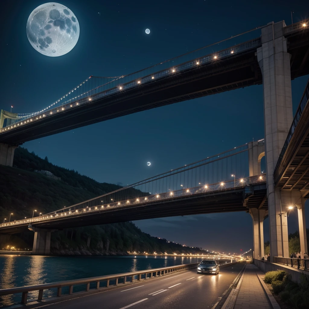 Beautiful bridge at night lit up with the moon and cars passing by