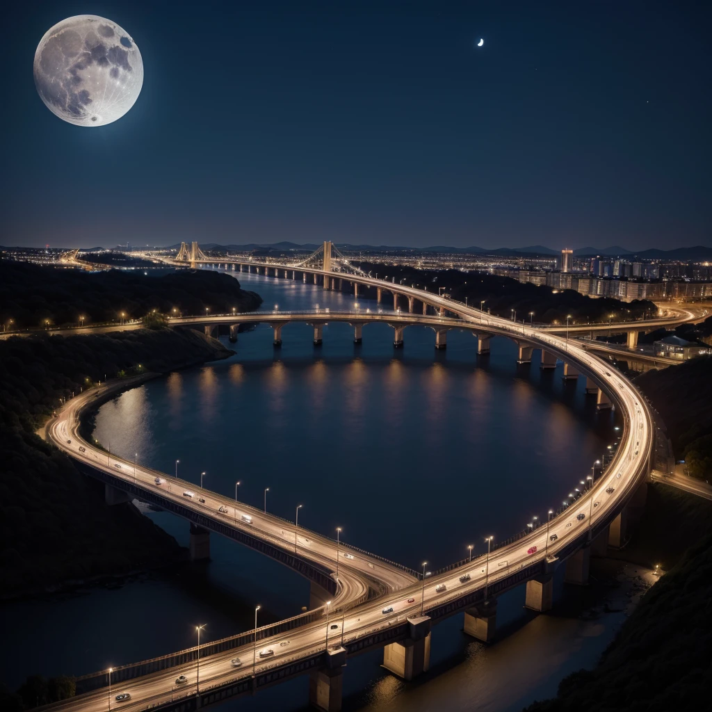 Beautiful bridge at night lit up with the moon and cars passing by 