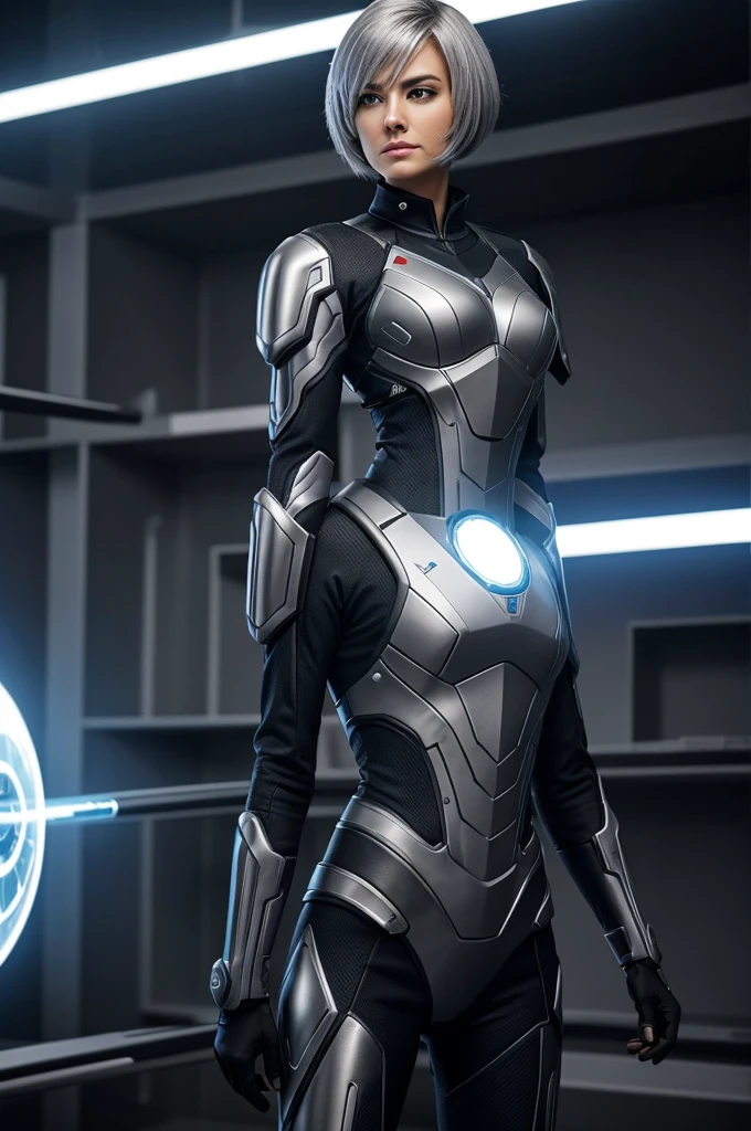 a tall and slender character, with an appearance that mixes advanced technology and a classic touch. I have glowing eyes that change color depending on the type of information I am processing.. My hair is short and silver, giving a feeling of modernity and efficiency. I wear a stylish uniform with futuristic details, full of useful gadgets and tools to assist my crew in any situation. My movements are fluid and precise, always ready to help in your adventures and goals.