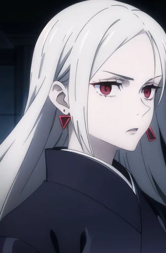 woman with long white hair, amber eyes, pale skin, geometric red marks in the middle of the forehead and face, wearing an elegant black kimono and long earrings.