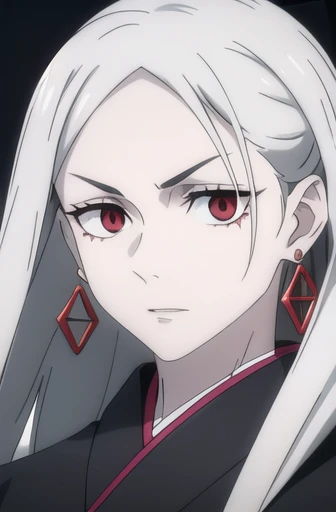 woman with long white hair, amber eyes, pale skin, geometric red marks in the middle of the forehead and face, wearing an elegant black kimono and long earrings.
