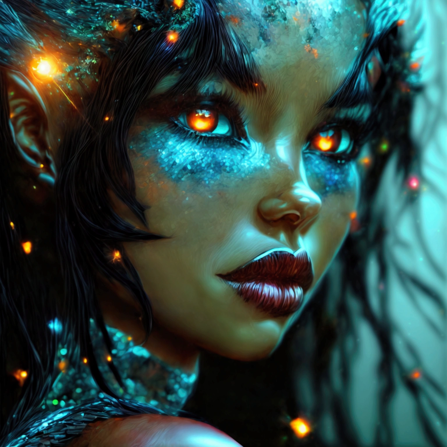 PORTRAIT, a battle angel portrait, beautiful black skin with sparkles and glitter, long long hair, shiny and lightening eyes detailed skin, image is compelling with dynamic composition and energetic posing. Include many fantasy details such as bumps, phantasmal iridescence, glitter, galaxy, cosmos, ((dark celestialskin body, void cosmic body)), (((dark background))), (((lights off))), (((hollywood dark))), horror, dramatic shadows, (in a dark fantasy space:1.3, glitter, sparkle, gleam) vector digital illustration, (black background:1.5)sharp