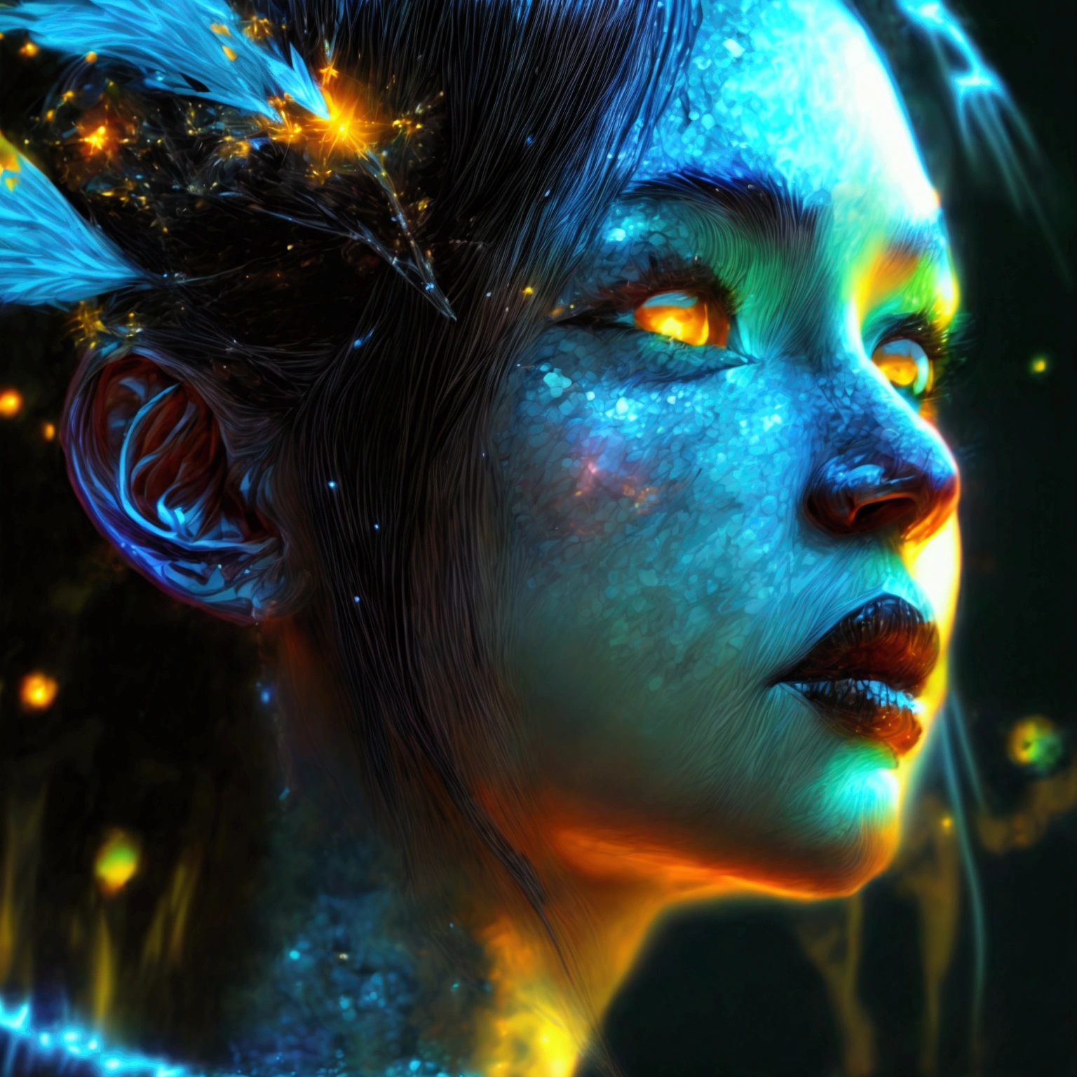 PORTRAIT, a battle angel portrait, beautiful black skin with sparkles and glitter, long long hair, shiny and lightening eyes detailed skin, image is compelling with dynamic composition and energetic posing. Include many fantasy details such as bumps, phantasmal iridescence, glitter, galaxy, cosmos, ((dark celestialskin body, void cosmic body)), (((dark background))), (((lights off))), (((hollywood dark))), horror, dramatic shadows, (in a dark fantasy space:1.3, glitter, sparkle, gleam) vector digital illustration, (black background:1.5)sharp