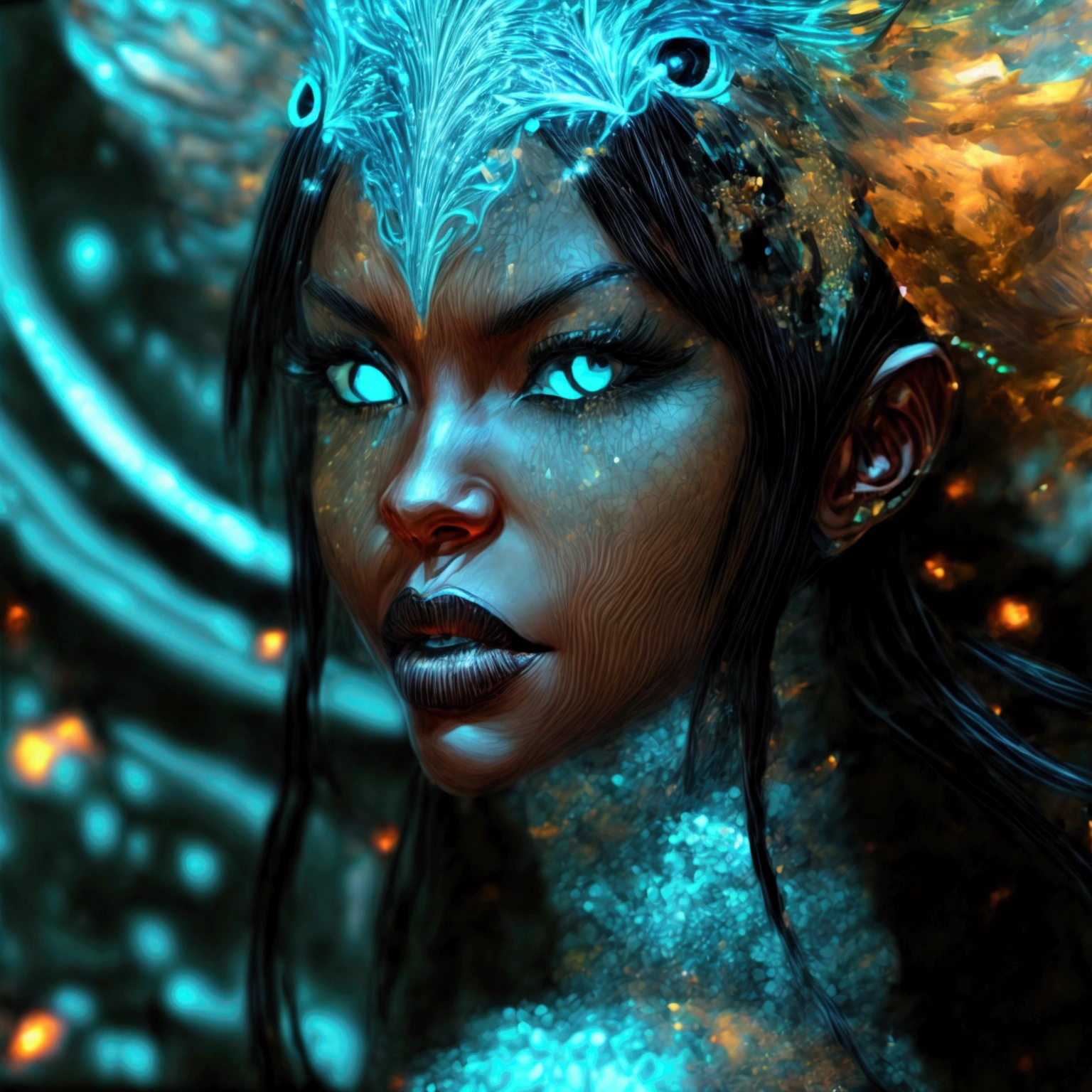 PORTRAIT, a battle angel portrait, beautiful black skin with sparkles and glitter, long long hair, shiny and lightening eyes detailed skin, image is compelling with dynamic composition and energetic posing. Include many fantasy details such as bumps, phantasmal iridescence, glitter, galaxy, cosmos, ((dark celestialskin body, void cosmic body)), (((dark background))), (((lights off))), (((hollywood dark))), horror, dramatic shadows, (in a dark fantasy space:1.3, glitter, sparkle, gleam) vector digital illustration, (black background:1.5)sharp