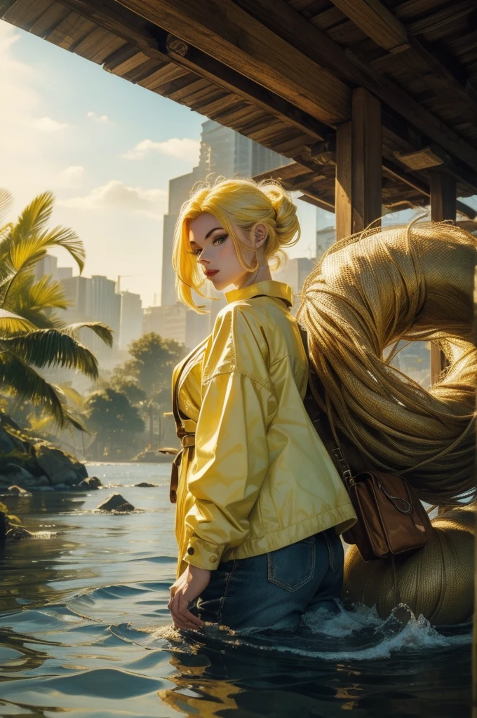 (master part, top-quality, best quality, offcial art, Beautiful and Aesthetic:1.2), (1girl), extremely detaild,Colouring,highest detailed,fisherman, light yellow hair