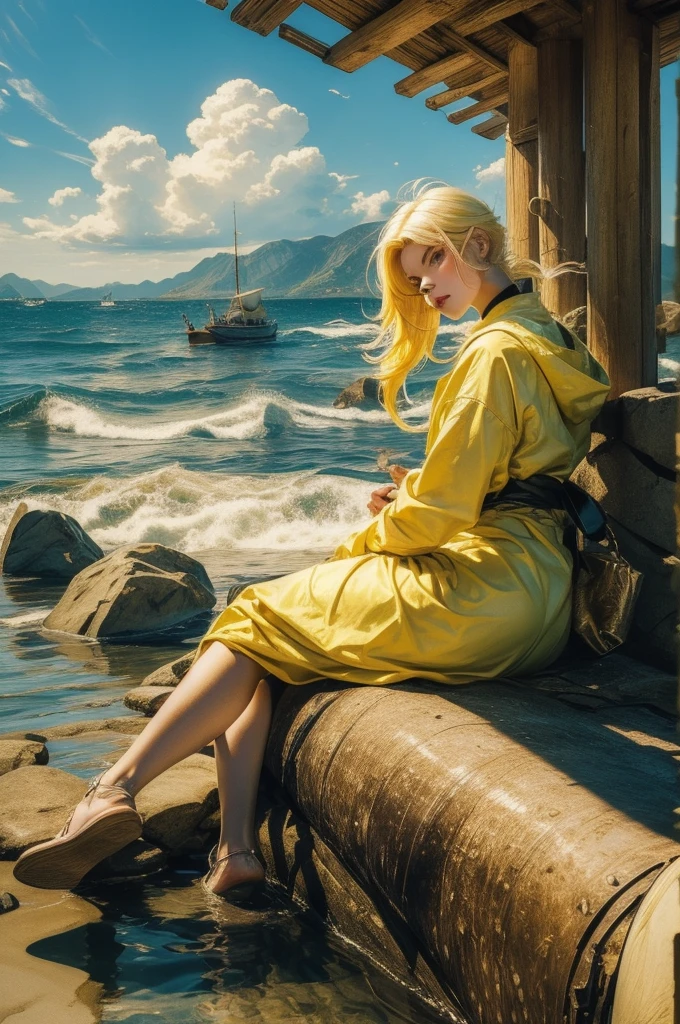 (master part, top-quality, best quality, offcial art, Beautiful and Aesthetic:1.2), (1girl), extremely detaild,Colouring,highest detailed,fisherman, light yellow hair