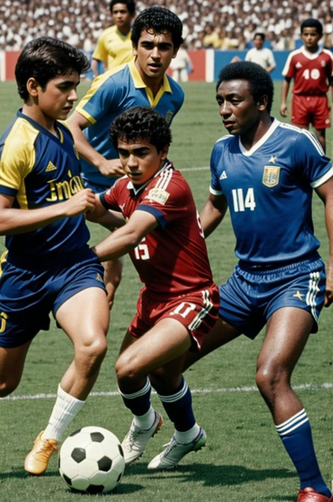 A boy playing soccer with Maradona and Pele