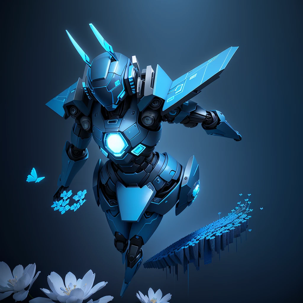 blue robot, full body, blue flying hearts, blue flowers, 3d illutration, 3d illustration, 3d illustration, inspired by Chris LaBrooy, intricate 3d illustration, 3d epic illustrations, behance 3d, sergey zabelin, 3d matte illustration, 3d minimalistic art, trend on behance 3d art