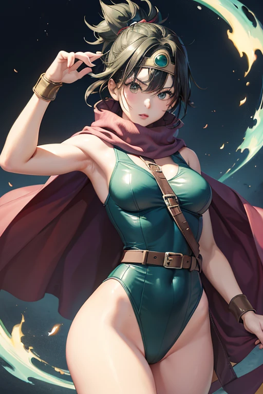 (((SFW、sound、Highest quality、First class work、Normal body、8k、Detailed face、Ultra-precision、Normal hand、通常のrefer to、5refer to、Highest)))、beautiful girl、Green Hair、Small breasts、Shortcuts、A disabled person in a blue high-cut swimsuit、sexy leotard、See-through leotard、bite、Sleeveless、Green waist belt、Belted、Belt in cleavage、Red Cape、Circlet、Legendary Sword、Dragon Quest、Female Heroes、 battle、battle準備完了、Lightning Slash、incantation、Gigadein