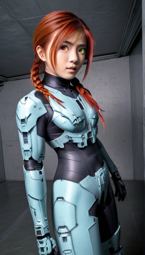 1 Girl、glowing eyes, red eyes, Medium Bust、solo、red Hair、Braid、Mobile Race Suit、Shoulder Armor、ceiling、Wide Shot、Looking Ahead、zipup suit 、Closed Mouth、Highest quality、medium quality、22 years old、Mobile Trace System、cockpit、Asian、CyborgCosplay

