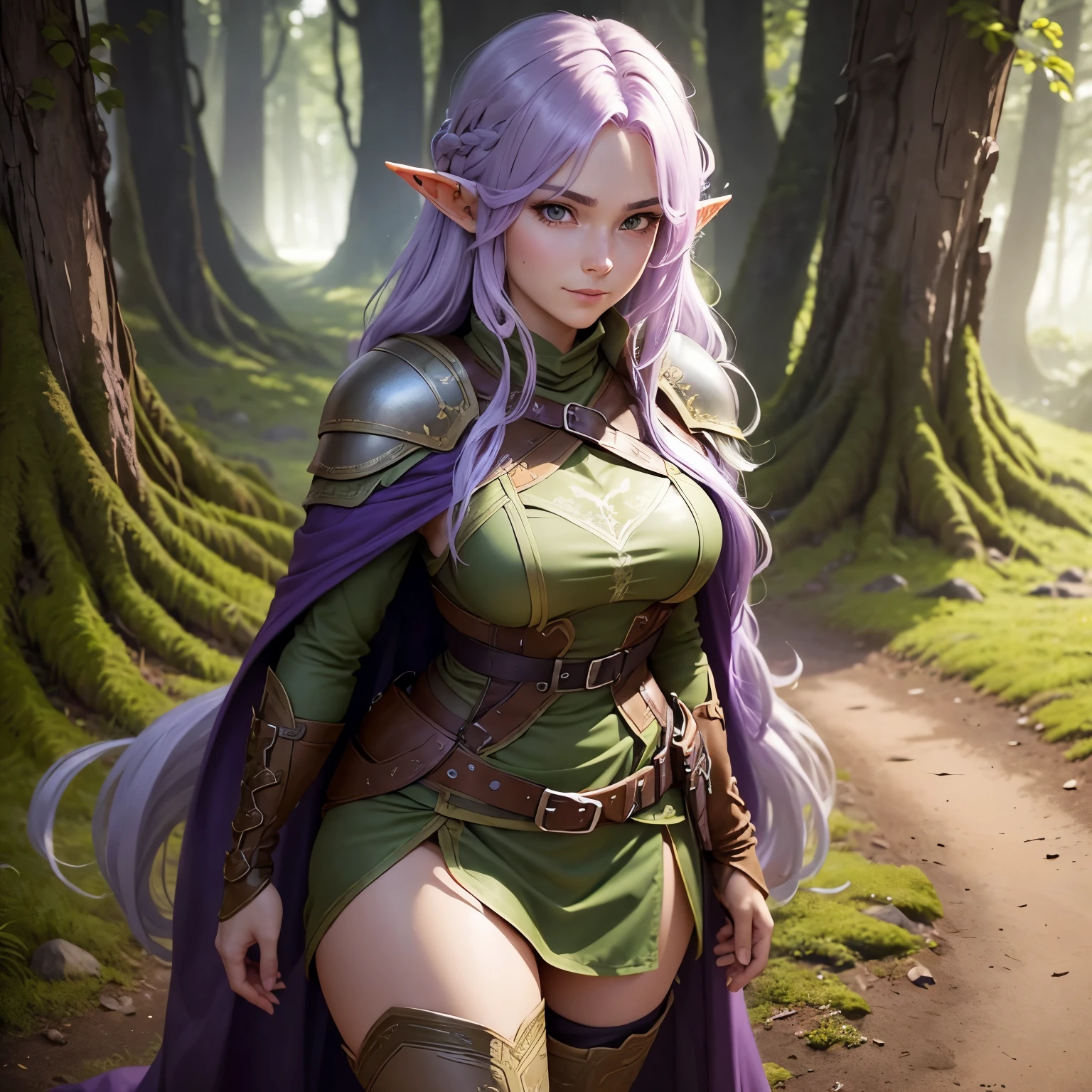 A female Elf Ranger. Born from the forest. Leather armor that blends in with the underbody and cape to become invisible. Long Light Green Hair with Chunky Design. Super detailed eyes .shy smile.His gaze would be intense and serious. Full-body image .ready for action at any time.