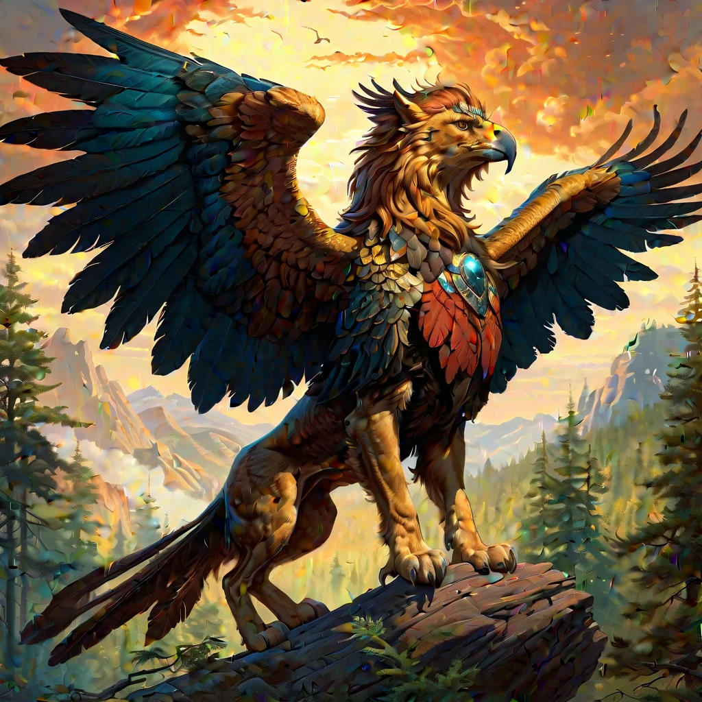 a highly detailed, full body depiction of a griffin, showcasing a mix of lion’s body, eagle’s head and wings in a dramatic forest setting under a warm evening sky, smooth, vibrant, digital painting, matte, sharp focus, by artgerm, greg rutkowski and zdislav beksinski, with a hint of magical realism, exquisite detailing, including feathers, fur, and talons, where the griffin is poised to leap into flight, trending on Artstation, saving the image in 4K UHD quality