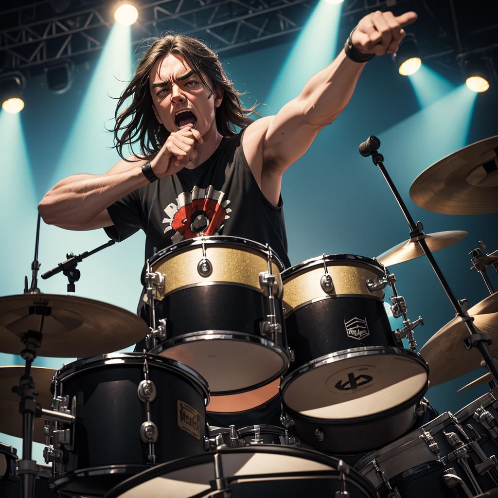 a metal drummer on stage, slightly based on Neil Peart l, shouting straight into the camera, HDR, 8K, ultra-sharp, field of depth, hyperrealism, in motion effect, glimmer splashing from the drums, weirdly tilted angle view, grunge
