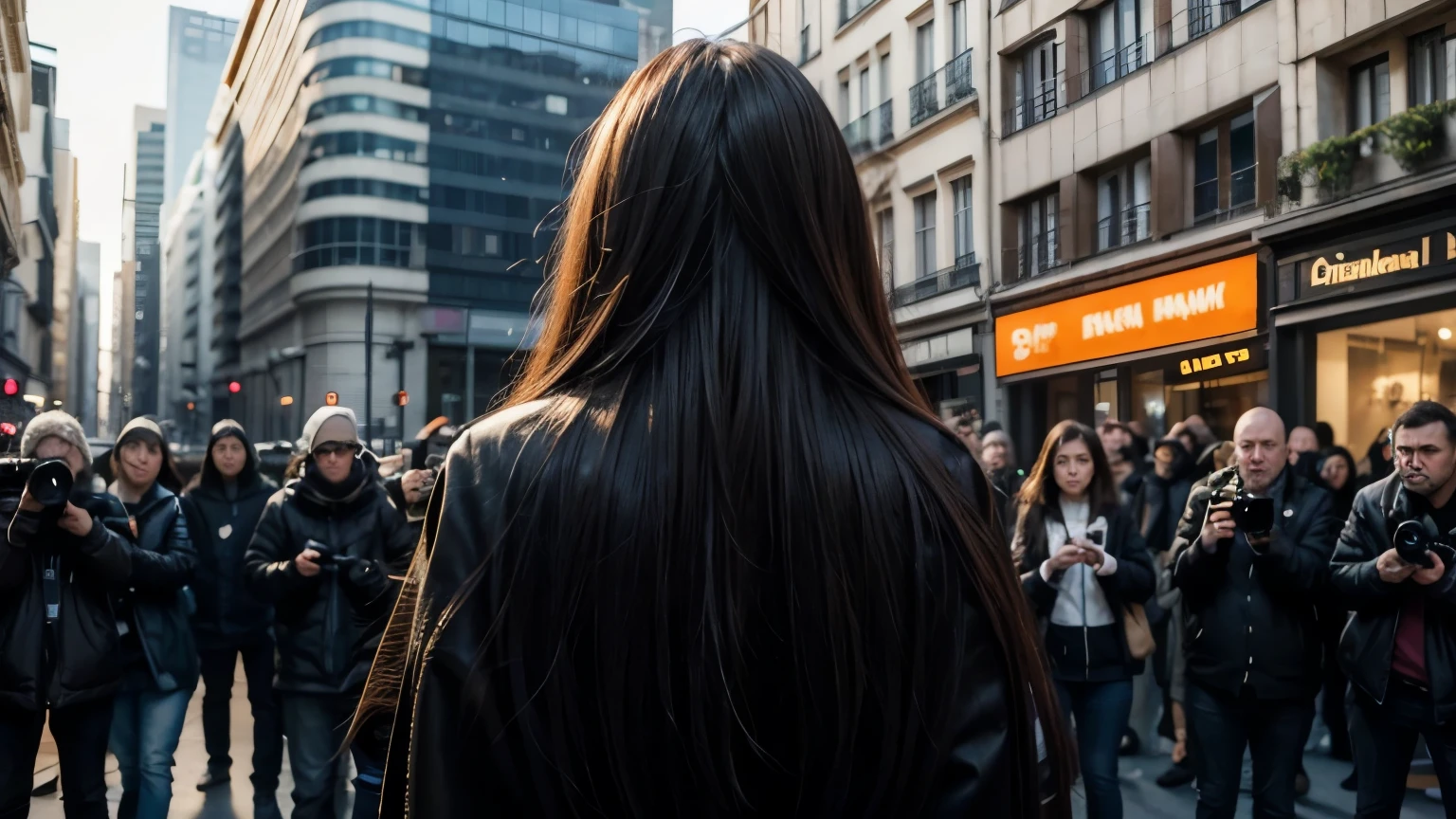 A hyper-realistic shot of a woman from behind with long straight hair, wearing a black outfit. She is surrounded by journalists and photographers holding microphones and cameras, all trying to get her attention. The scene takes place on the street in a city with Parisian-style buildings during the day, with soft orange light and tall buildings in the background. The scene is dramatically lit in orange at around 7am, highlighting the central figure while the faces of the people around show intense expressions of interest and curiosity.