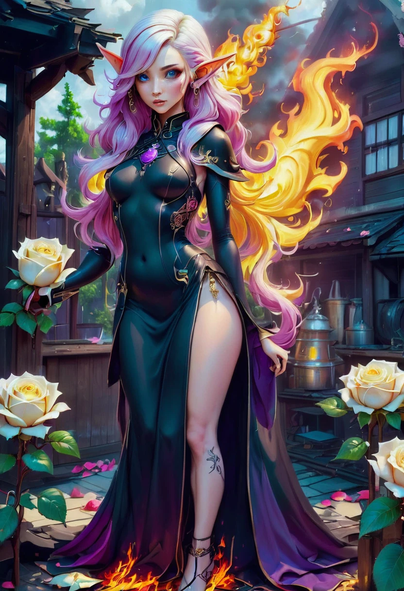 Arafed, Dark fantasy art, fantasy art, goth art, a picture of a tattoo on the back of a female elf, a glowing tattoo of a ((white rose: 1.3)) on the elf's back, the ((rose tattoo)) is vivid, intricate detailed coming to life from the ink to real life, GlowingRunesAI_purple, ((fire surrounds the rose petals: 1.5)), (small pointed ears: 1.2), shoot taken from the back, ((the back is visible: 1.3), she wears a transparent black dress, the dress is elegant, flowing, elven style, that the tattoos glow, dynamic hair color, dynamic hair style, faize,, Digital Painting