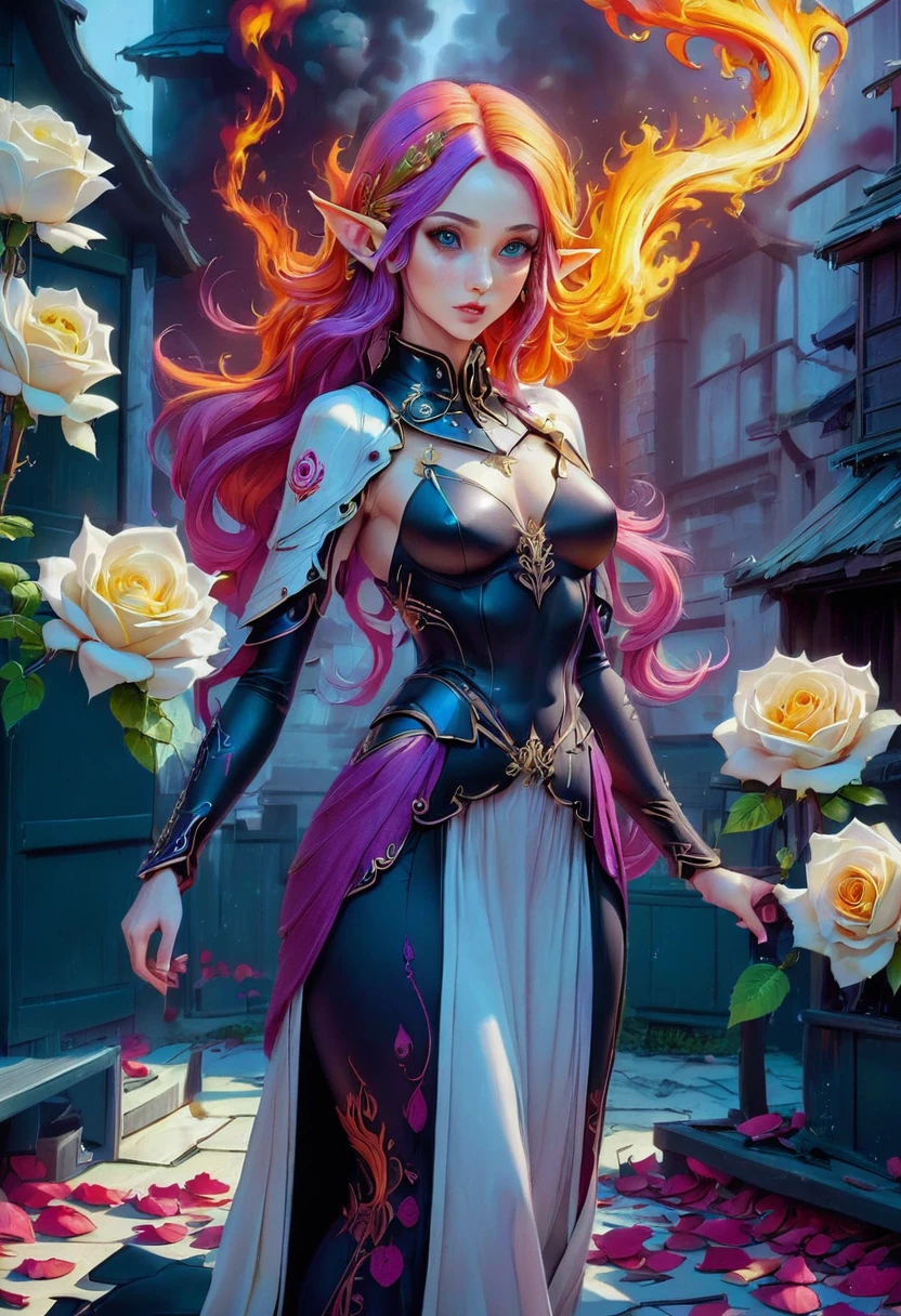 Arafed, Dark fantasy art, fantasy art, goth art, a picture of a tattoo on the back of a female elf, a glowing tattoo of a ((white rose: 1.3)) on the elf's back, the ((rose tattoo)) is vivid, intricate detailed coming to life from the ink to real life, GlowingRunesAI_purple, ((fire surrounds the rose petals: 1.5)), (small pointed ears: 1.2), shoot taken from the back, ((the back is visible: 1.3), she wears a transparent black dress, the dress is elegant, flowing, elven style, that the tattoos glow, dynamic hair color, dynamic hair style, faize,, Digital Painting