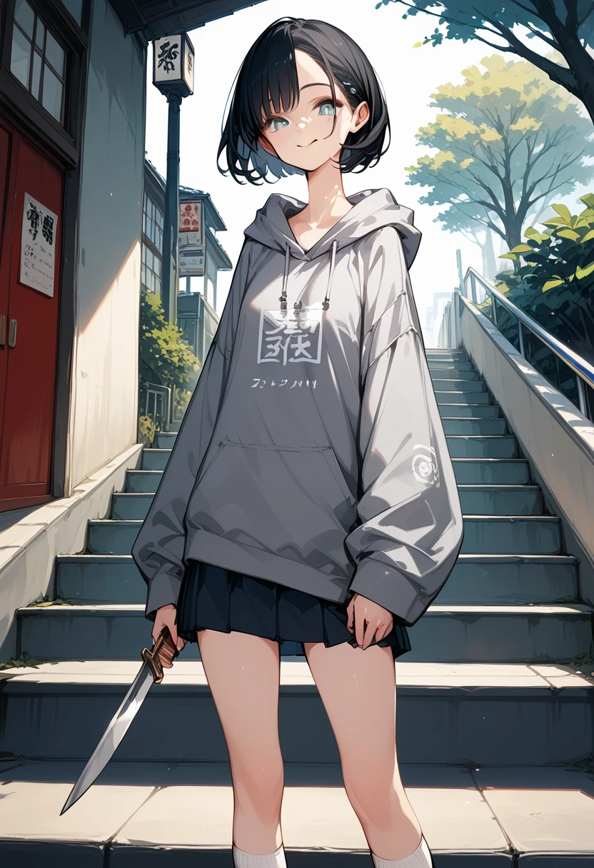 (8K, best quality, master piece: 1.2),Ultra High Resolution,11 year old beautiful girl,Ultra High Resolution, detailed eyes,Tsurime Eyes,(smirk),Oversized dark gray short sleeve hoodie(dark gray:1.4),(navy pleated skirt),white socks、sneakers、whole body、black hair、short hair,holds a little (knife)、(standing straight on the stairs of the apartment complex),solo,Japan Park