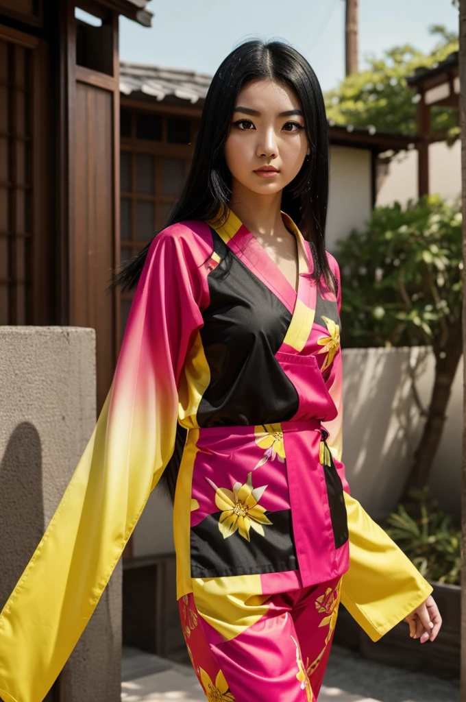 A girl with Japanese and Mexican features, small build and voluptuous body, pale skin, with a bang, red eyes with fuchsia and yellow gradient, black hair but with red and yellow gradient at the ends, wearing a black haori suit with red and fuchsia print as well as yellow 