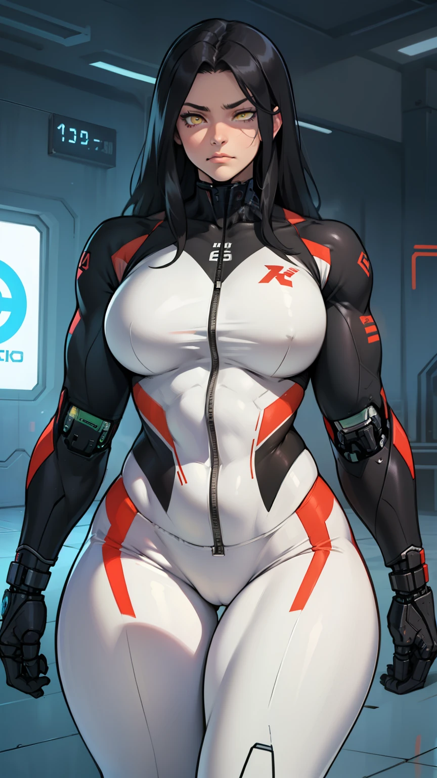 1girl muscular toned body bodybuilder curvy wide hips thick thighs huge  black hair yellow eyes very long hair pale skin sad curvy ((cybernetic suit))  thick thick thick thick 