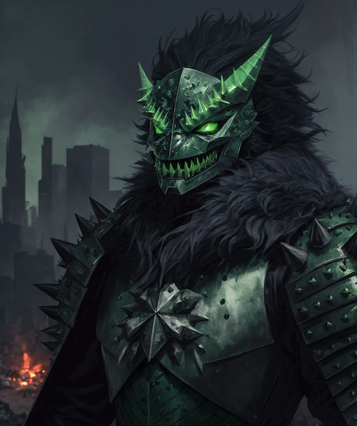 (extremely detailed 8k wallpaper), a medium shot photo of Grim dressed as a scary masked navy and green furry-supervillain in a navy and green spiked armour made of fur glowing armour with spikes from marvel, theme, intricate, high detail, dramatic, furry monster and destroyed buildings in the background