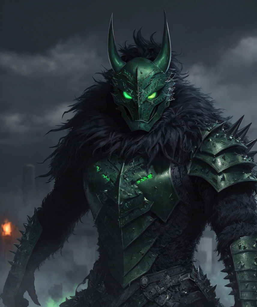 (extremely detailed 8k wallpaper), a medium shot photo of  Grim dressed as a scary masked navy and green furry-supervillain in a navy and green spiked armour made of fur glowing armour with spikes from marvel, theme, intricate, high detail, dramatic, furry monster and destroyed buildings in the background