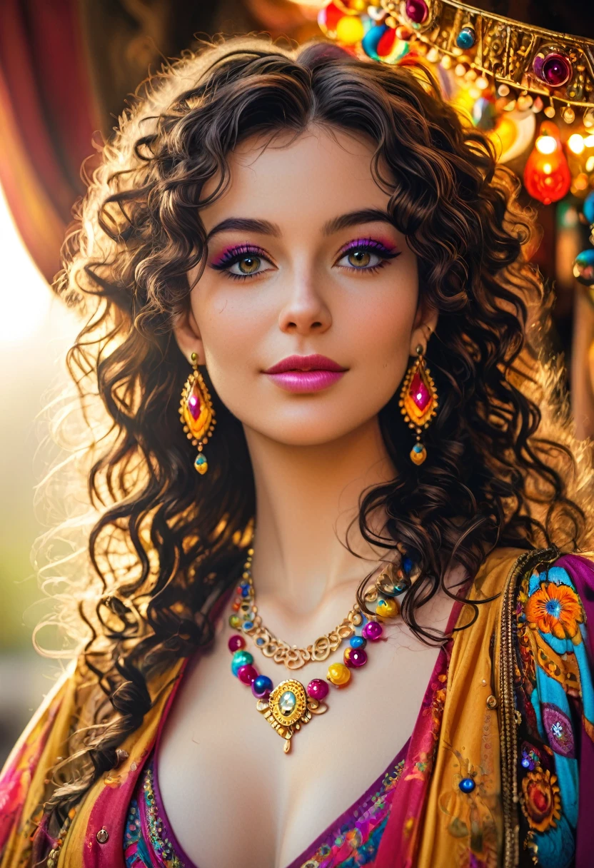 Beautiful stunning woman adorned in ornate, colorful jewelry and clothing that appears to be inspired by"gypsy" style. She has long, dark curly hair with flowers tucked into it. Her makeup emphasizes her eyes, and she's wearing large, dangling earrings and multiple necklaces with colorful beads and pendants. The woman's clothing includes vibrant fabrics with patterns. The overall aesthetic is very bohemian and romantic, evoking a free-spirited, nomadic culture. The lighting in the image is warm, giving it a rich, golden glow that enhances the romantic atmosphere.woman adorned in ornate, colorful jewelry and clothing that appears to be inspired by Romani or "gypsy" style. She has long, dark curly hair with flowers tucked into it. Her makeup emphasizes her eyes, and she's wearing large, dangling earrings and multiple necklaces with colorful beads and pendants. The woman's clothing includes vibrant fabrics with patterns. The overall aesthetic is very bohemian and romantic, evoking a free-spirited, cigana culture. The lighting in the image is warm, giving it a rich, golden glow that enhances the romantic atmosphere UHD 18K